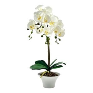 Flor Artificial 54 cm x 16.5 cm Orquidea Blanco con Maceta Blanco